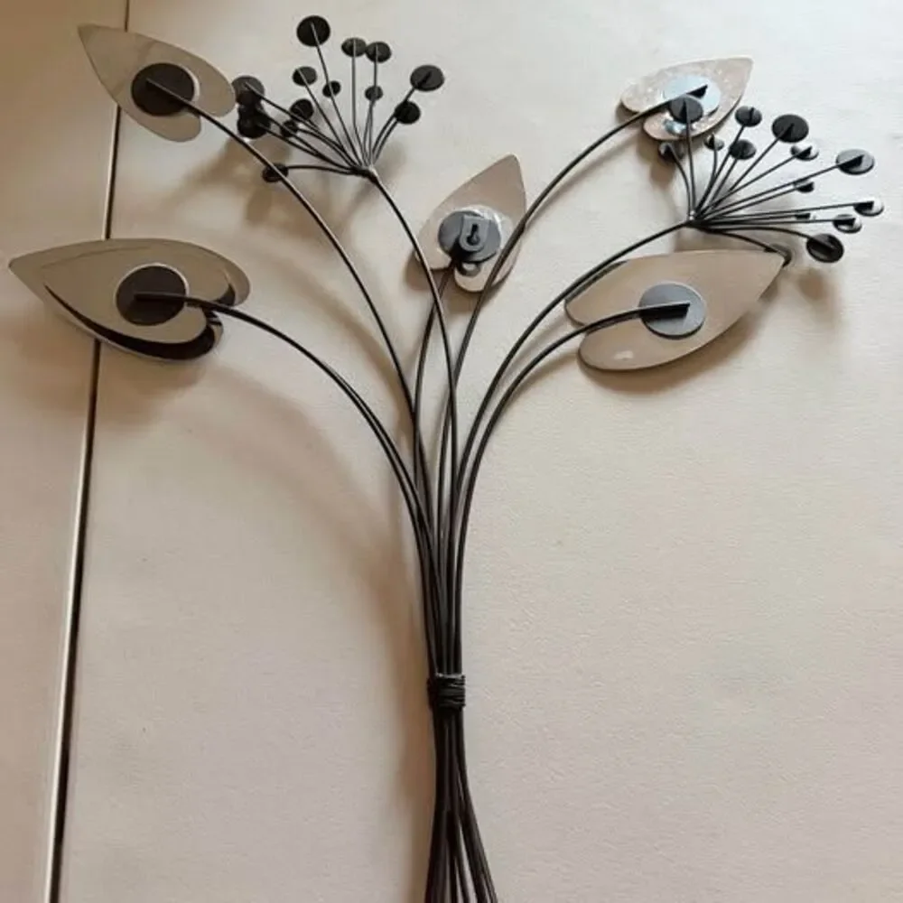 Metal Floral Wall Art with Gold Leaves and Crystal Accents